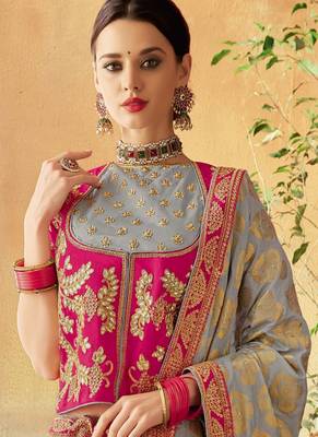 Grey embroidered brocade semi stitched lehenga 2