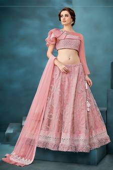 Light-pink embroidered net semi stitched lehenga
