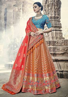 Orange embroidered silk semi stitched lehenga 1