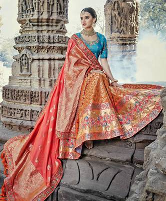 Orange embroidered silk semi stitched lehenga 2