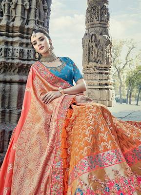 Orange embroidered silk semi stitched lehenga 3