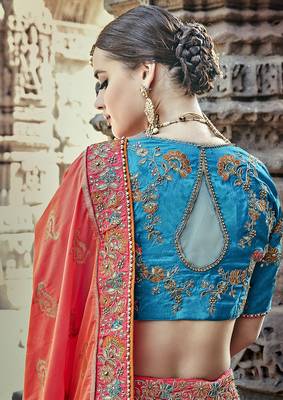 Orange embroidered silk semi stitched lehenga 4