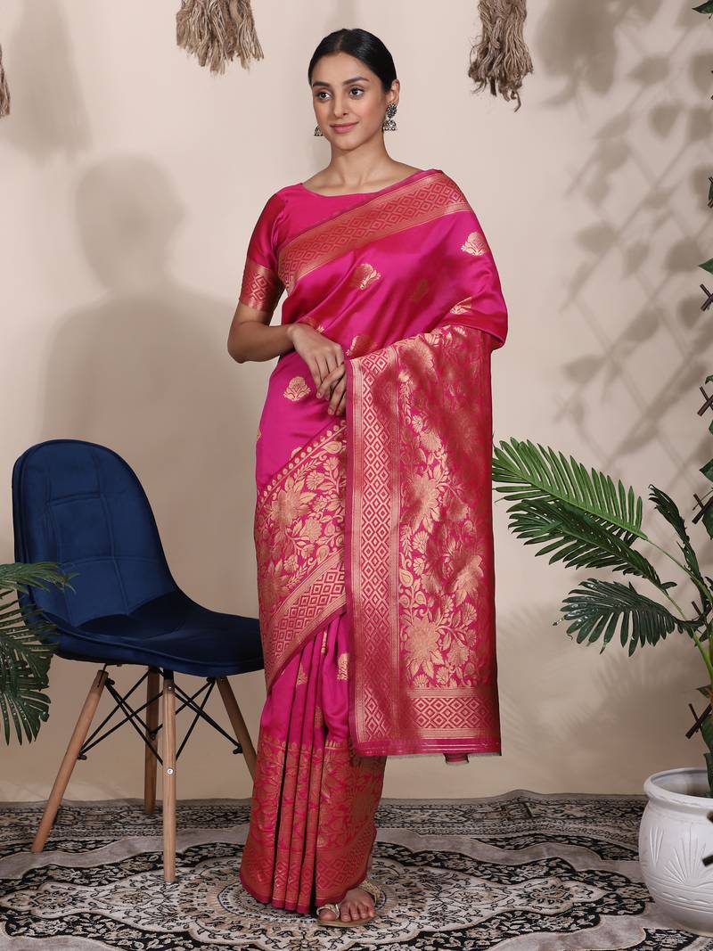 Glemora Pink Beautiful Ethnic Wear Silk Blend  Traditional Saree