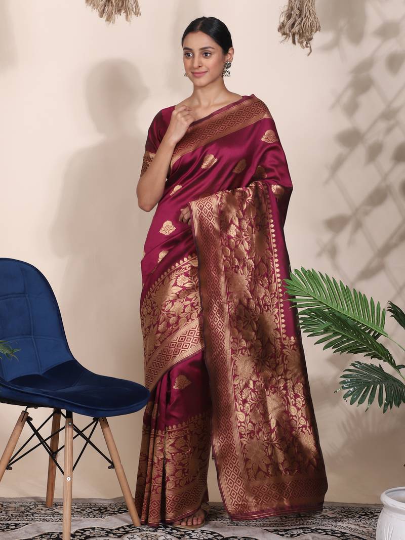 Glemora Wine Beautiful Ethnic Wear Silk Blend  Traditional Saree