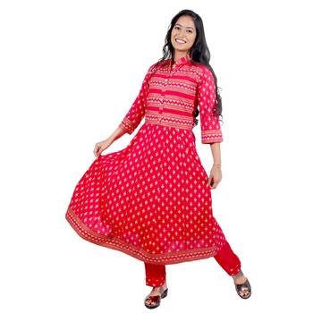 Women's Rayon Printed Lily Gown With Ethnic Jacket Set 1