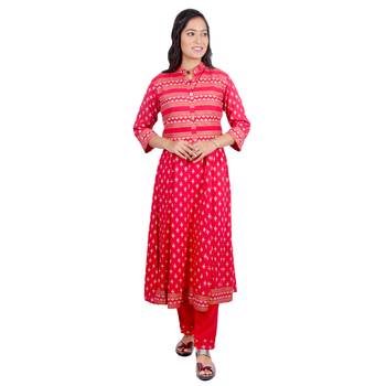 Women's Rayon Printed Lily Gown With Ethnic Jacket Set 4