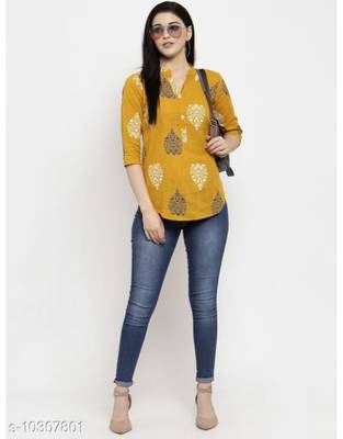 Women's Rayon Solid Printed Yellow Half Sleeves Round Neck Regular Top/Tunic/Crop Top/Shirt 1