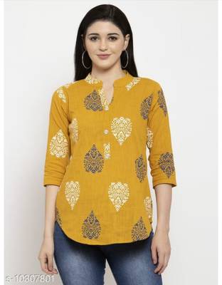 Women's Rayon Solid Printed Yellow Half Sleeves Round Neck Regular Top/Tunic/Crop Top/Shirt 2