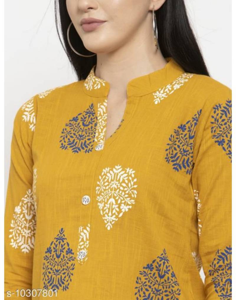 Women's Rayon Solid Printed Yellow Half Sleeves Round Neck Regular Top/Tunic/Crop Top/Shirt