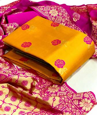  Yellow Banarasi silk Unstitched dress material 1