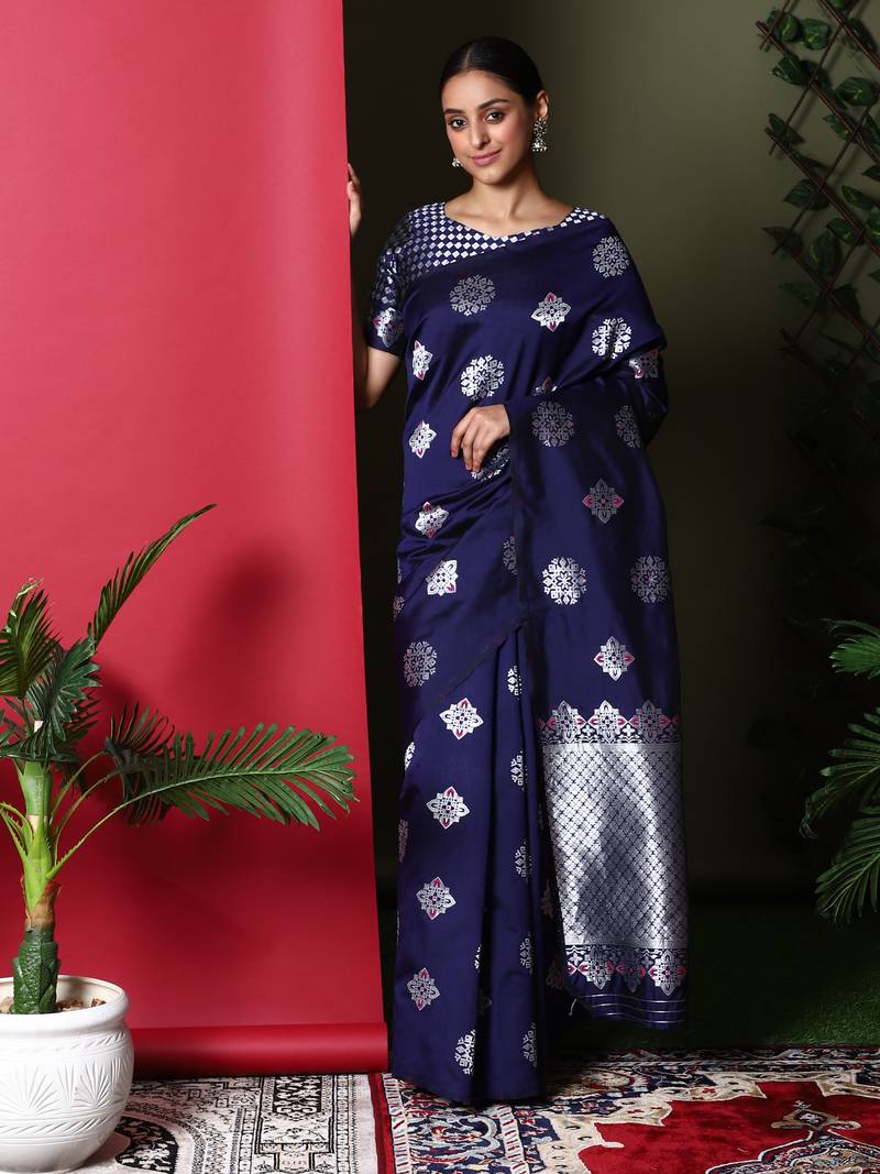 Glemora Blue Fancy Ethnic Wear Silk Blend  Traditional Saree