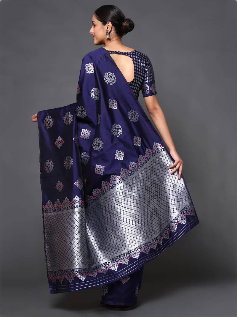Glemora Blue Fancy Ethnic Wear Silk Blend  Traditional Saree