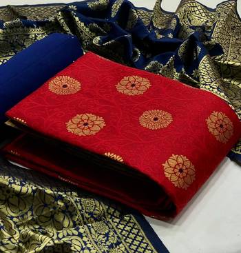 Red Banarasi silk Unstitched dress material 1