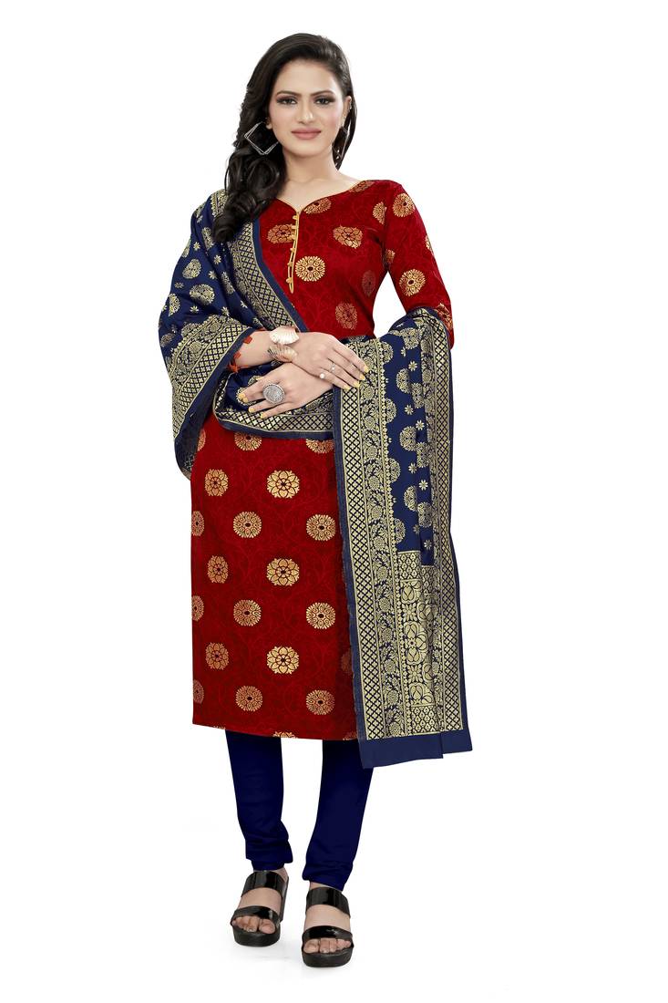  Red Banarasi silk Unstitched dress material