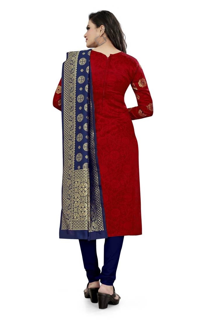  Red Banarasi silk Unstitched dress material