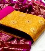 Yellow Banarasi silk Unstitched dress material