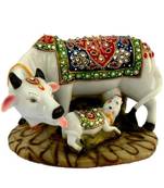 BK Creation Handcrafted Stones Studded Marble made Kamdhenu Cow with Calf
