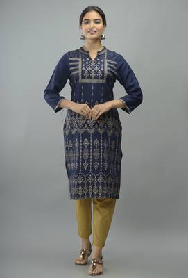 Navy Blue Gold Panel Printed Rayon Striaght Kurti 1