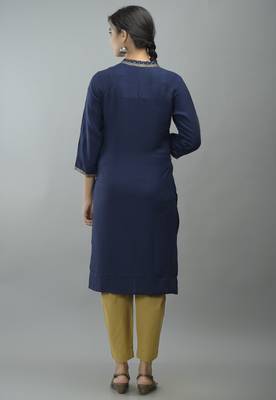 Navy Blue Gold Panel Printed Rayon Striaght Kurti 2