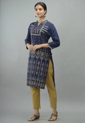 Navy Blue Gold Panel Printed Rayon Striaght Kurti 3