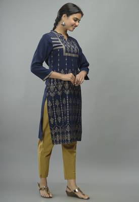 Navy Blue Gold Panel Printed Rayon Striaght Kurti 4