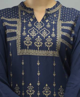 Navy Blue Gold Panel Printed Rayon Striaght Kurti 5