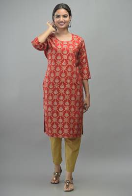 Red Gold Printed Rayon Straight Kurti 1