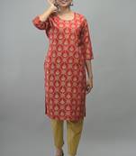 Red Gold Printed Rayon Straight Kurti