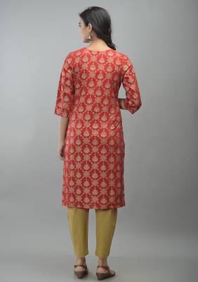 Red Gold Printed Rayon Straight Kurti 2