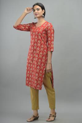 Red Gold Printed Rayon Straight Kurti 3