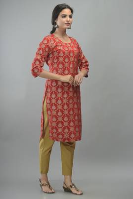 Red Gold Printed Rayon Straight Kurti 4