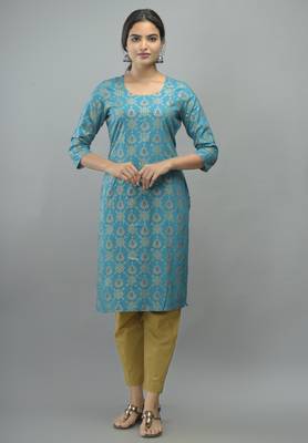 Turquoise Gold Printed Rayon Straight Kurti 1