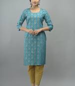 Turquoise Gold Printed Rayon Straight Kurti