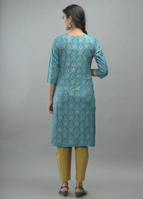 Turquoise Gold Printed Rayon Straight Kurti 2