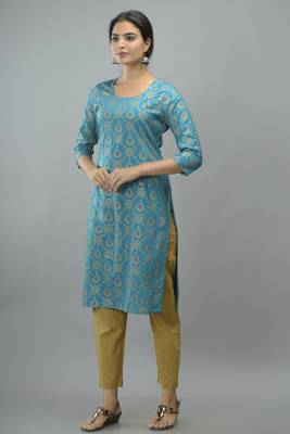 Turquoise Gold Printed Rayon Straight Kurti 3