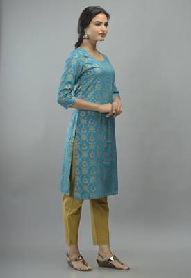 Turquoise Gold Printed Rayon Straight Kurti 4