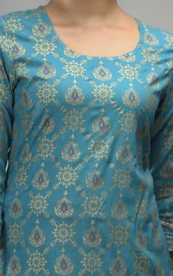 Turquoise Gold Printed Rayon Straight Kurti 5