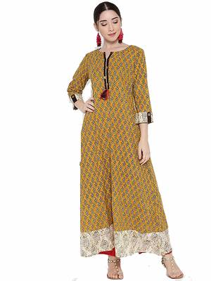 Mustard printed cotton maxi-dresses 1