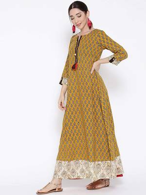 Mustard printed cotton maxi-dresses 3