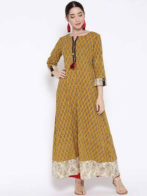 Mustard printed cotton maxi-dresses 4