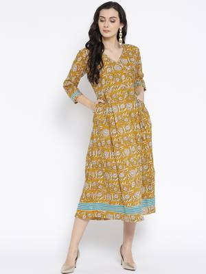Mustard printed cotton maxi-dresses 1
