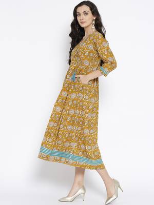 Mustard printed cotton maxi-dresses 3