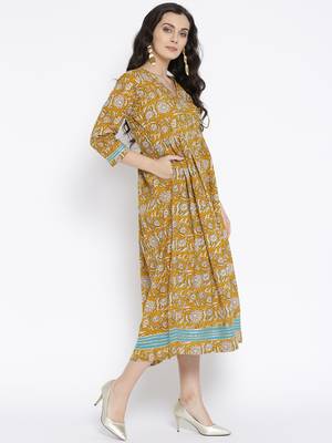 Mustard printed cotton maxi-dresses 4
