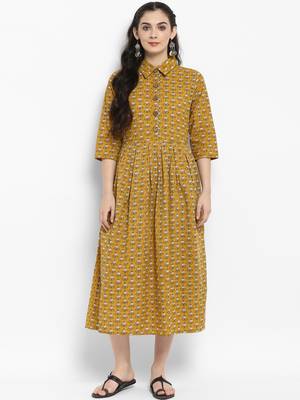 Mustard printed cotton maxi-dresses 1