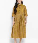 Mustard printed cotton maxi-dresses