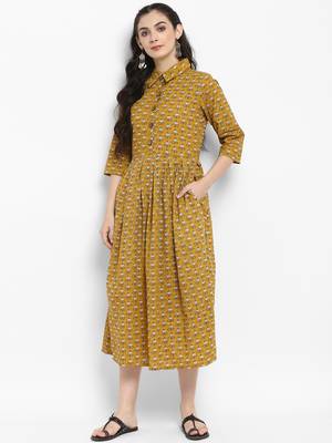 Mustard printed cotton maxi-dresses 2