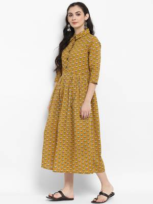 Mustard printed cotton maxi-dresses 4