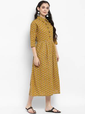 Mustard printed cotton maxi-dresses 5