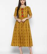 Mustard printed cotton maxi-dresses
