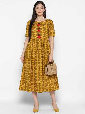 Mustard printed cotton maxi-dresses 2